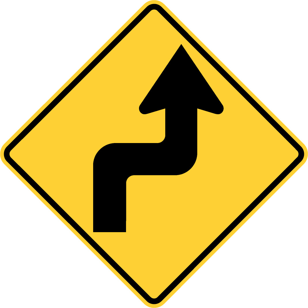 Reverse turn ahead road sign