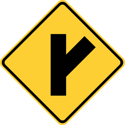 side road at an acute angle ahead